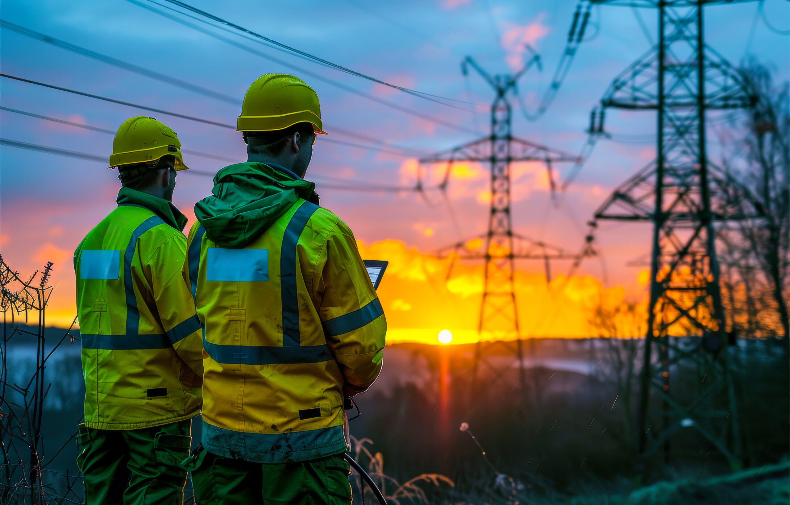 vecteezy two workers in high vis jackets stand in front of sunset and 46369335 scaled