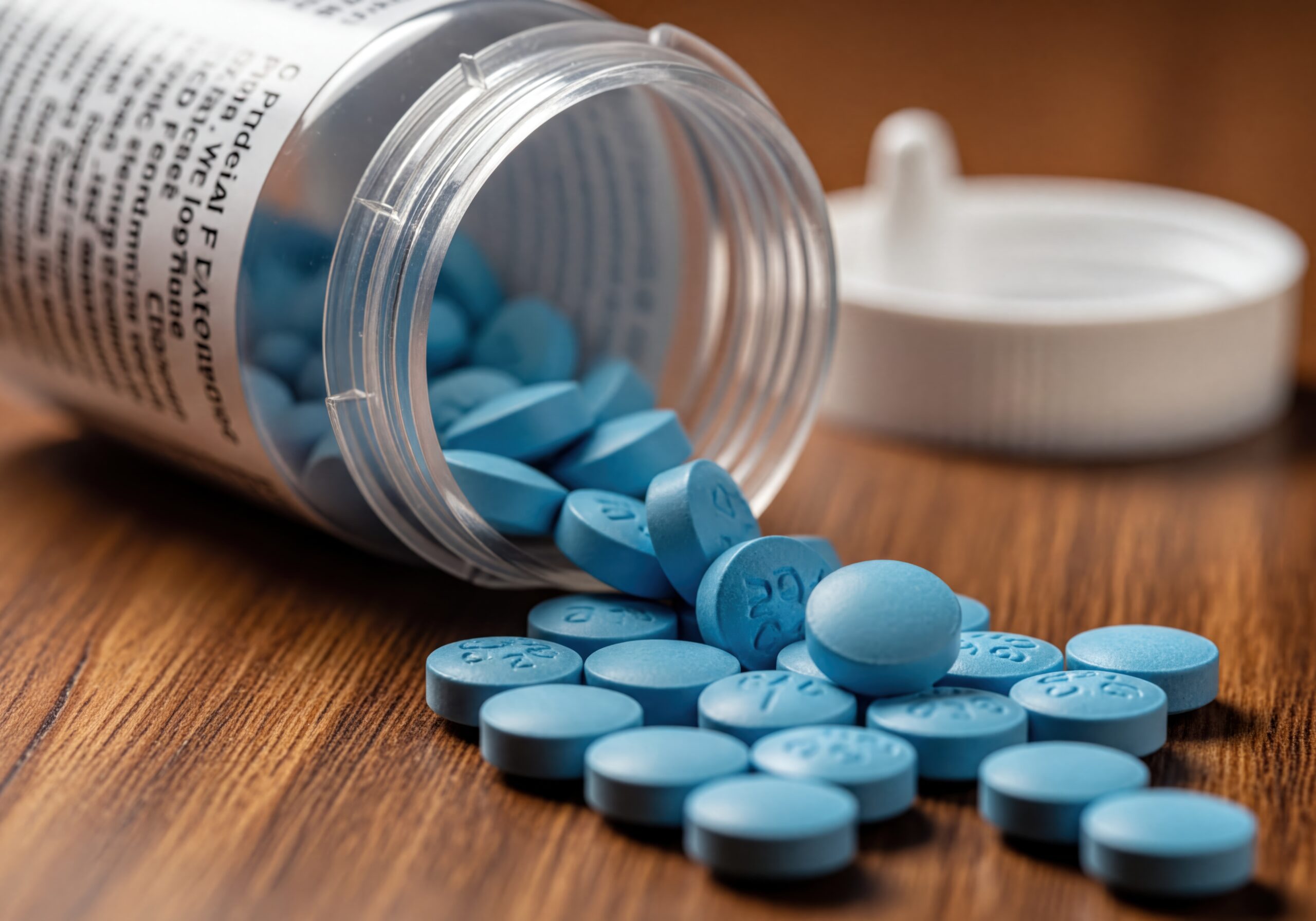 vecteezy blue pills spilled from a prescription bottle on wooden 74377131 scaled