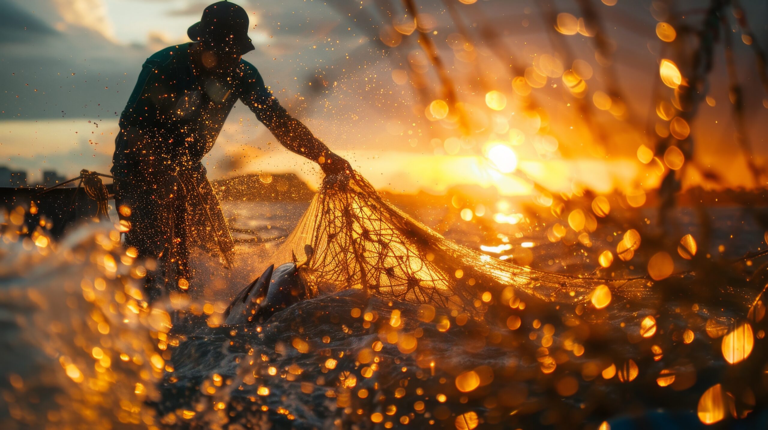 vecteezy fisherman is pulling his net out of the water at sunset 48831112 scaled