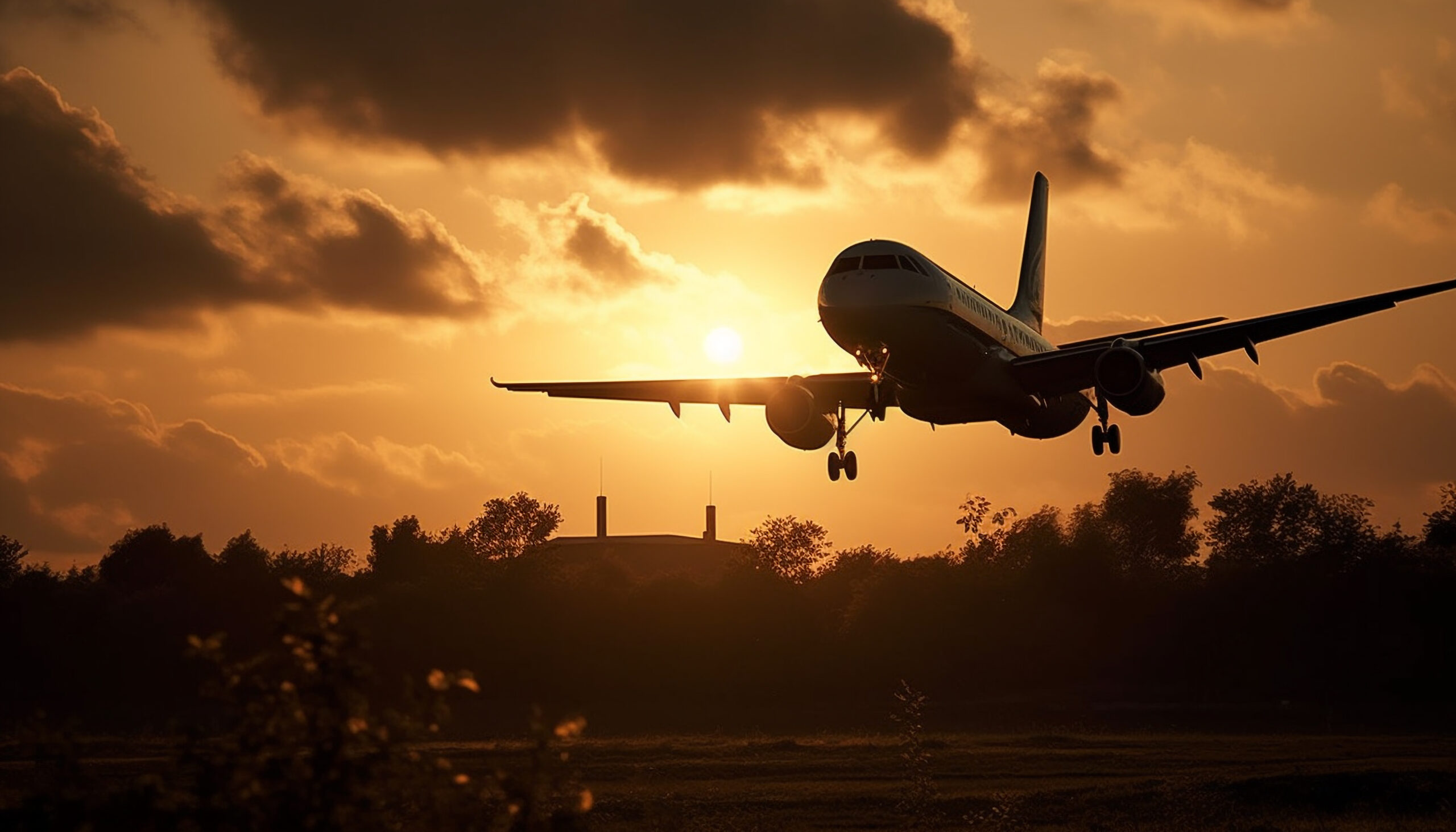 vecteezy flying commercial airplane at sunset taking off into the 25187601 scaled